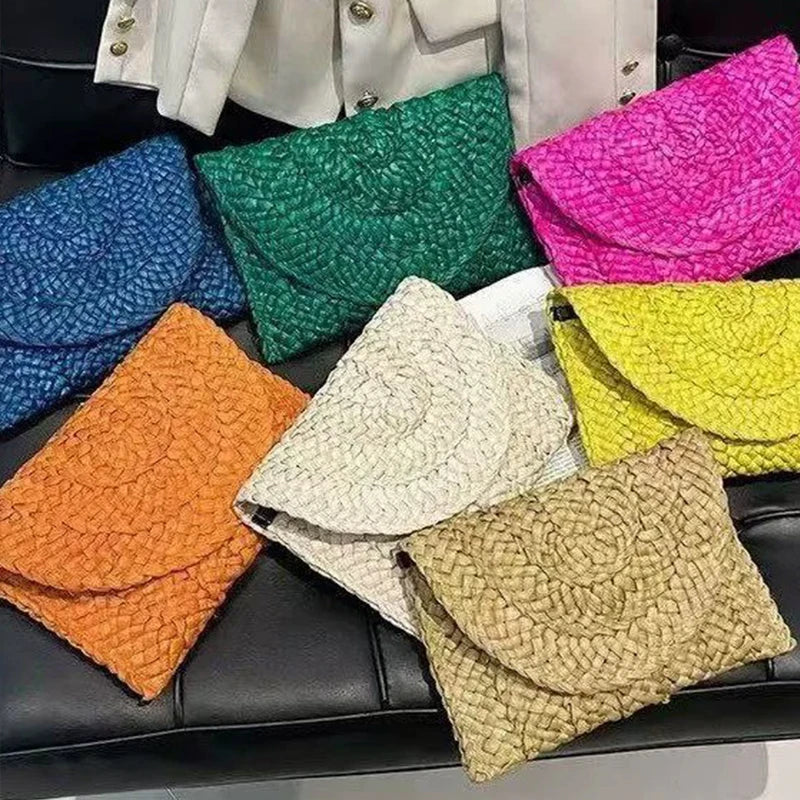 Women Fashion Flap Envelope Bags Summer Beach Bag Handmade Wallet Straw Knitted Handbag Lady Coin Phone Long Purse Clutches