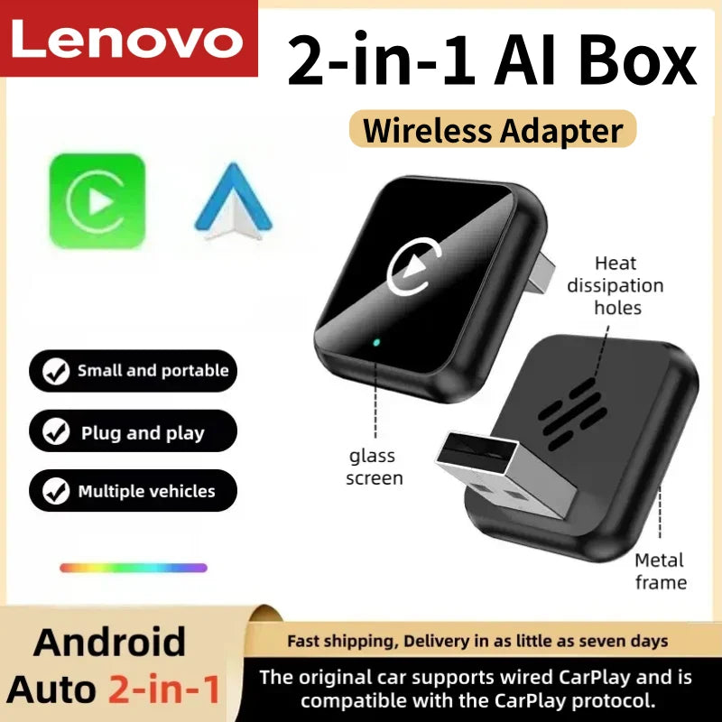 Lenovo New 2 in 1 Wireless Android Auto CarPlay Adapter AI Smart Box Car Intelligent Systems For Car With Wired CarPlay