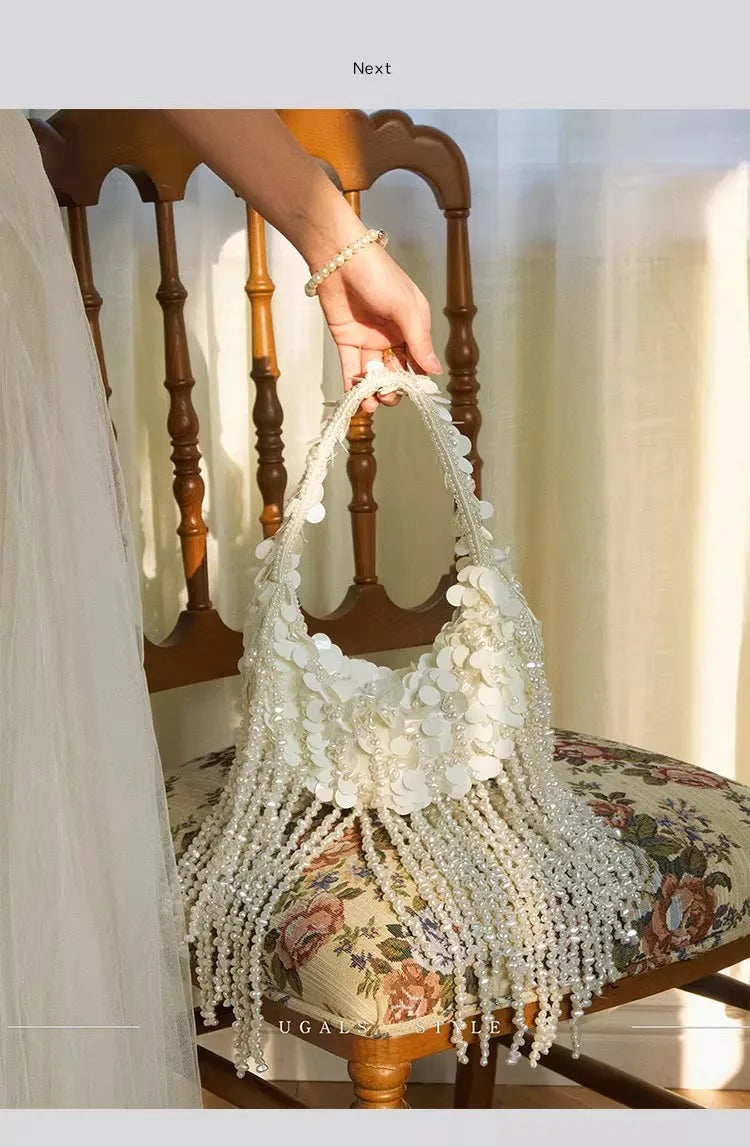Fashion Sequins Handmade Hobo Bag Beads Beading Tassel Women Handbag Luxury Exquisite Banquet Bag Wedding Party Clutch Purse