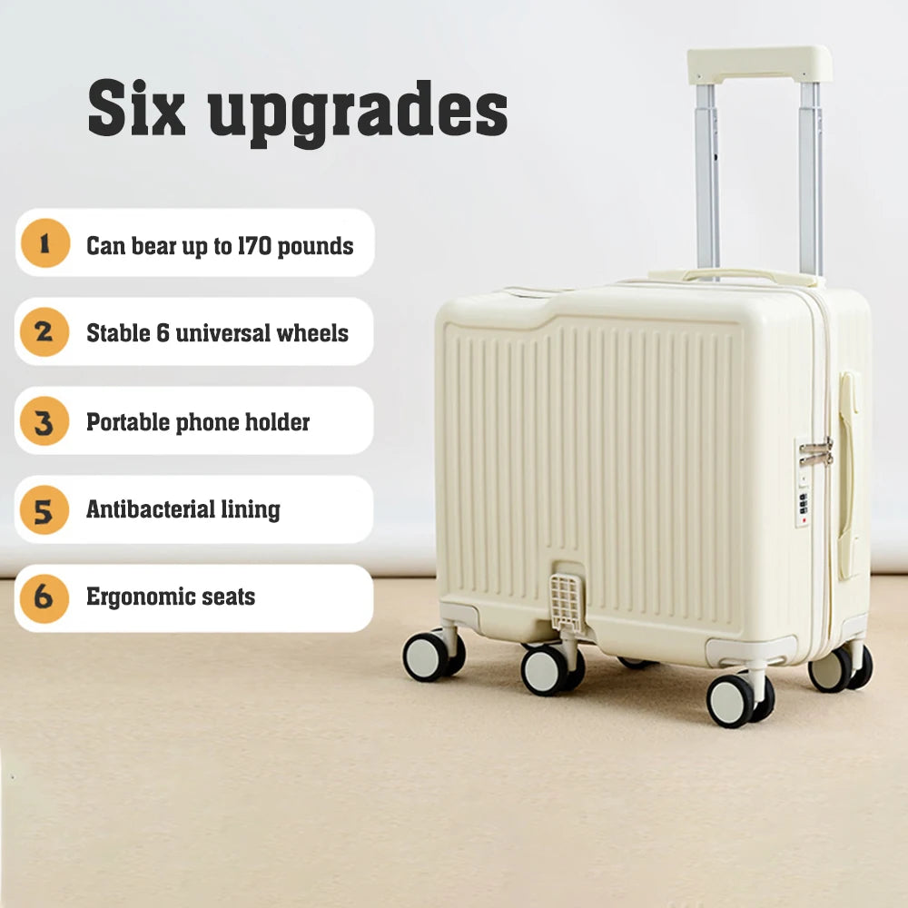 18"Hand Carry Luggage Portable Boarding Bagage 6 Wheels ZIPPER lock luggage Can Sit Down Kids Luggage