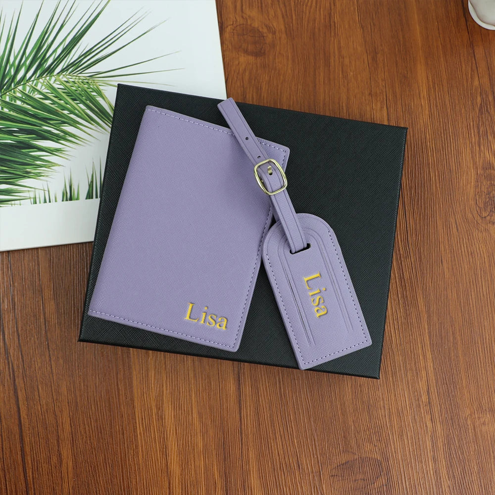 Customized name set, unisex Safiano PU leather passport holder and luggage tag gift box
