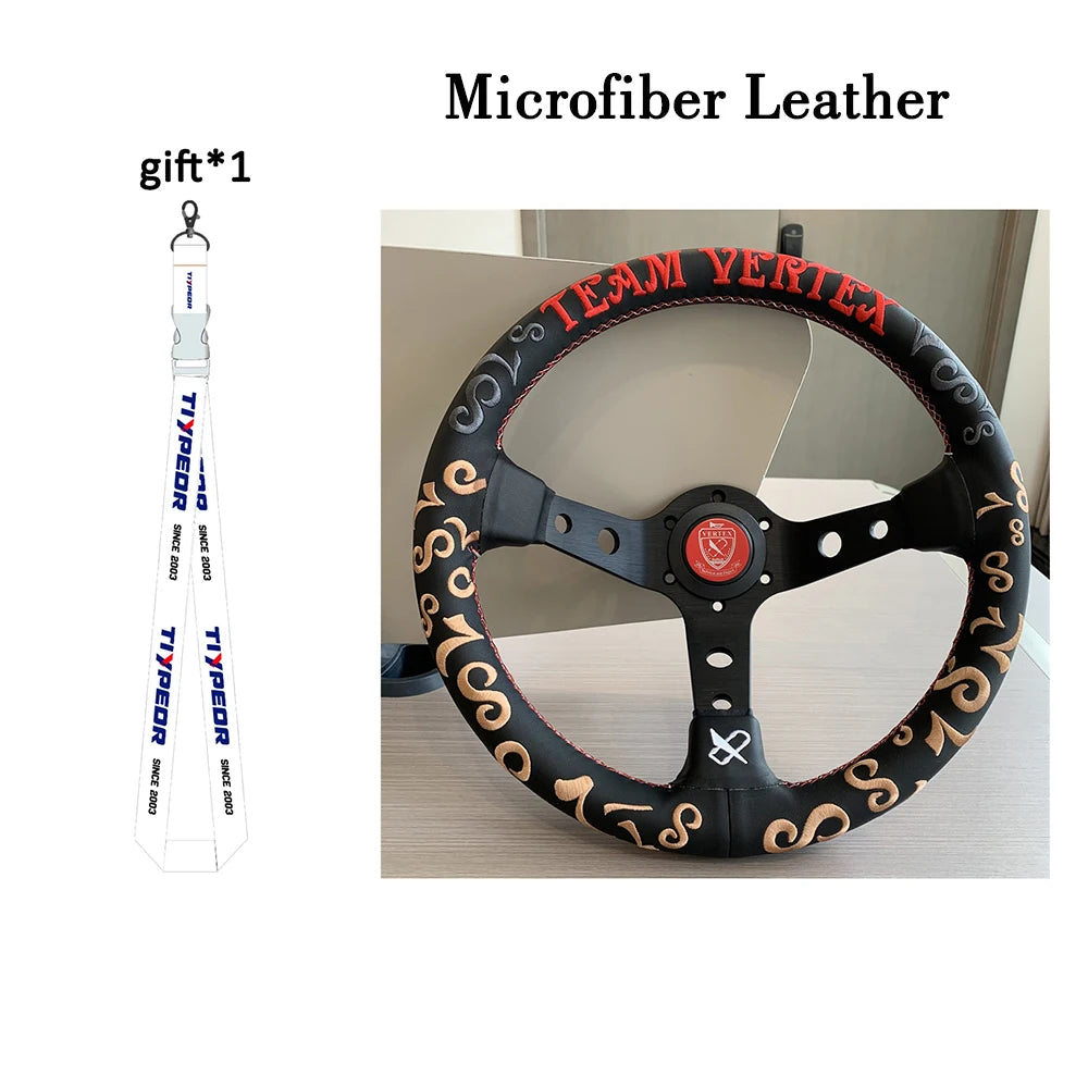 VERTEX Universal Racing Steering Wheel Black Spoke Suede Embroidered Sports Steering Wheel With 6 Holes