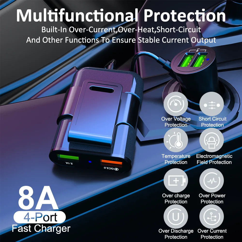 Universal 4-Port Fast Car Charger 8A 40W USB Adapter with Extension Back Seat Hub and Clip For iPhone 17 16 Pro Max For Samsung