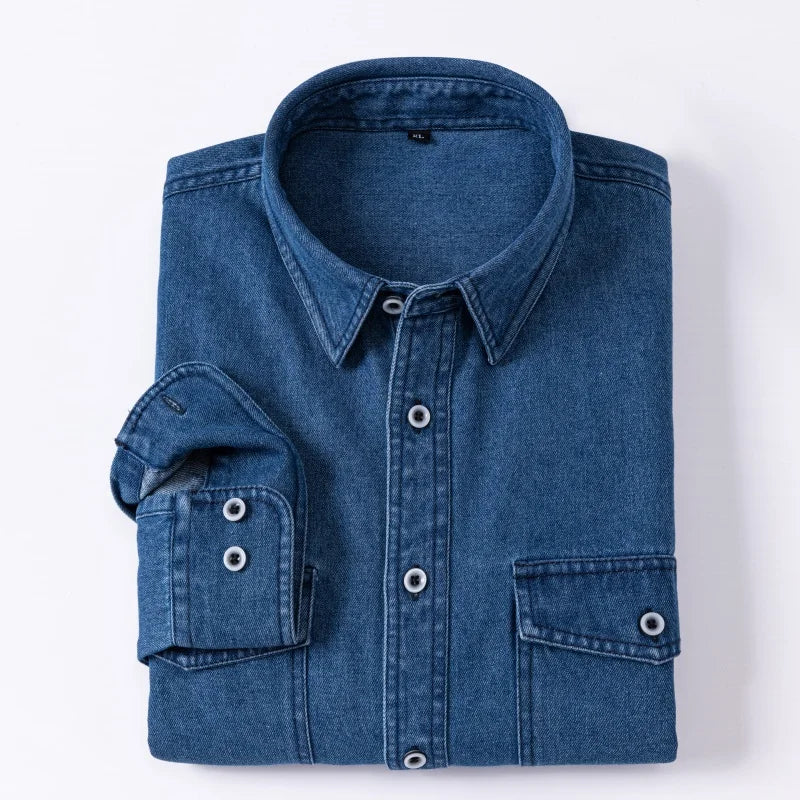 Pure Cotton Double-pocket Denim Long-sleeve Shirt Stylish Versatile Trendy Collared Shirt Casual Detailed Men's Sports Top