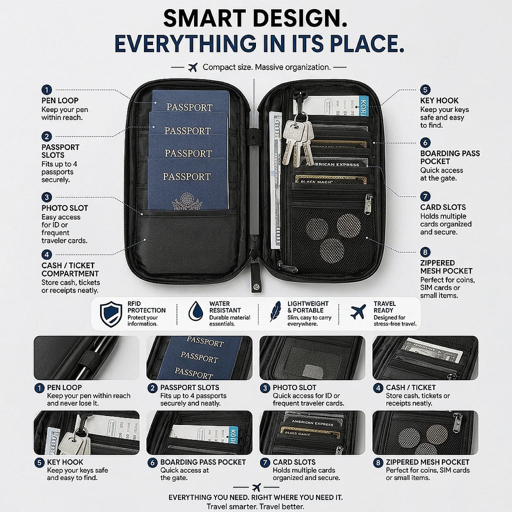 RFID Travel Passport Holder Waterproof Document Organizer Wallet Large Capacity Ticket Card Bag for Men Women Family Trip