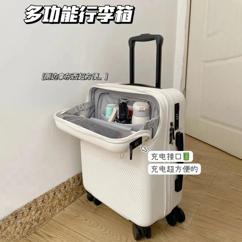 New Front Opening Boarding Suitcase Men Women 20/24/26 Inch Lightweight Trolley Travel Luggage Fashion USB Charging Luggage