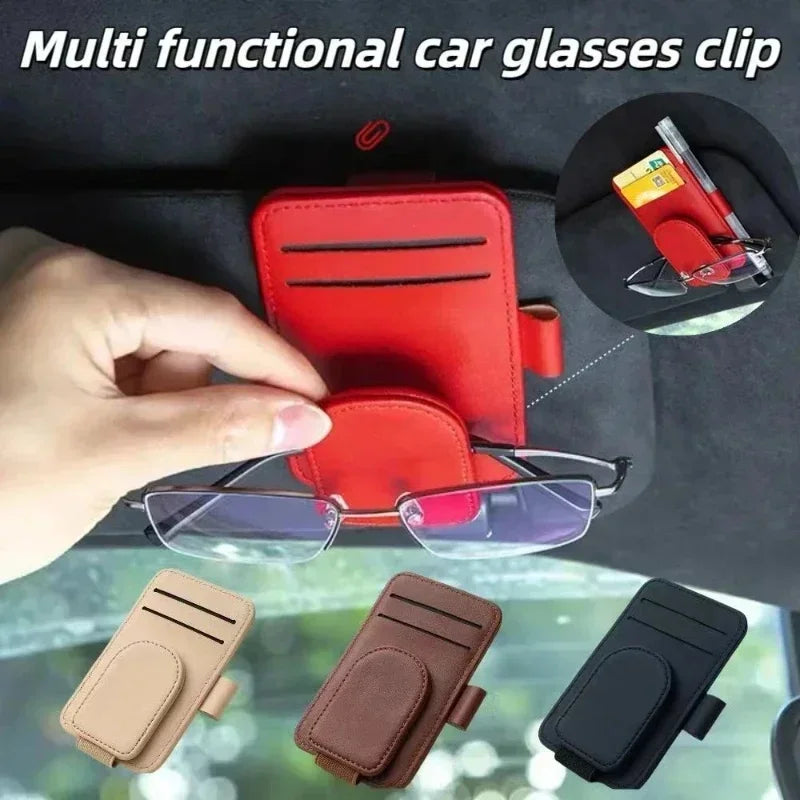 JFBONIN Leather Car Sun Visor Sunglasses Holder with Magnetic Clip Pen And Card Holder Creative Sunshade Storage Case