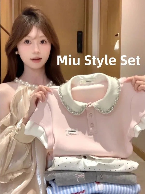 Fashionable Short Sleeve T-Shirt Women's Summer Style Color Block Doll Collar Top Miu Series Fake Two-Piece Casual Wear