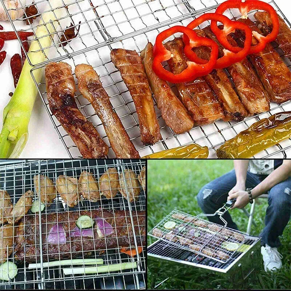 304 Stainless Steel Foldable BBQ Grill Basket Non-stick Wire Mesh for Fish Vegetables Outdoor Camping Party Travel