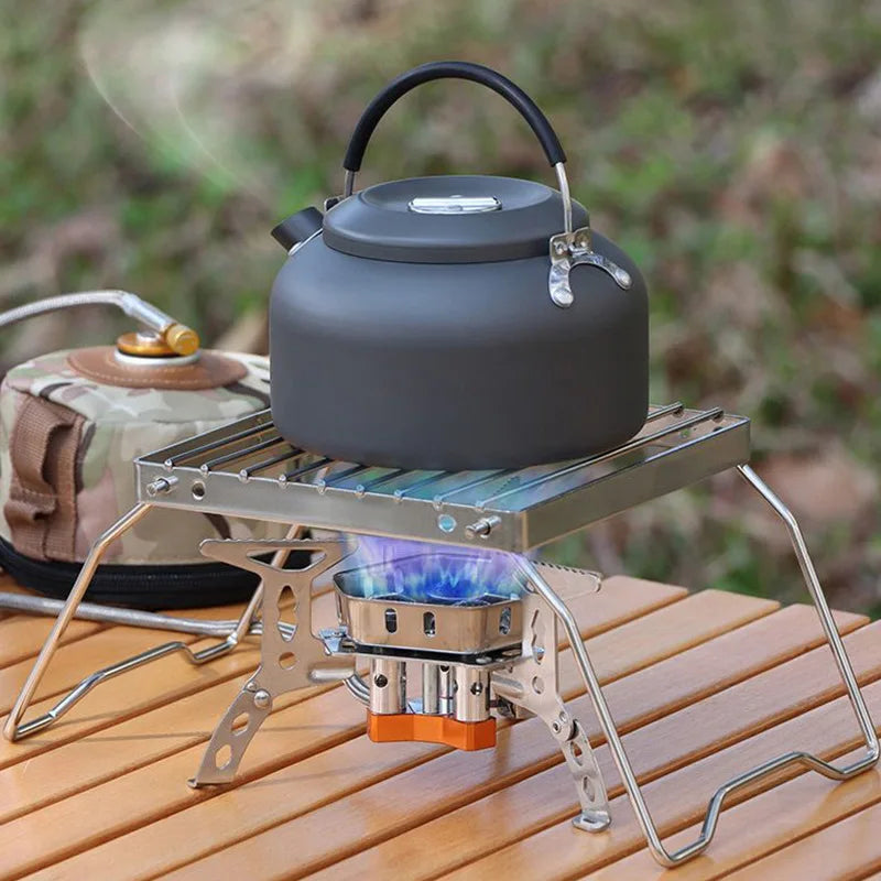 Stainless Steel Camp Stove Set -Folding Pot Rack & BBQ Grill Combo - Includes Kettle Bracket&Cooking Mesh for Outdoor Adventures