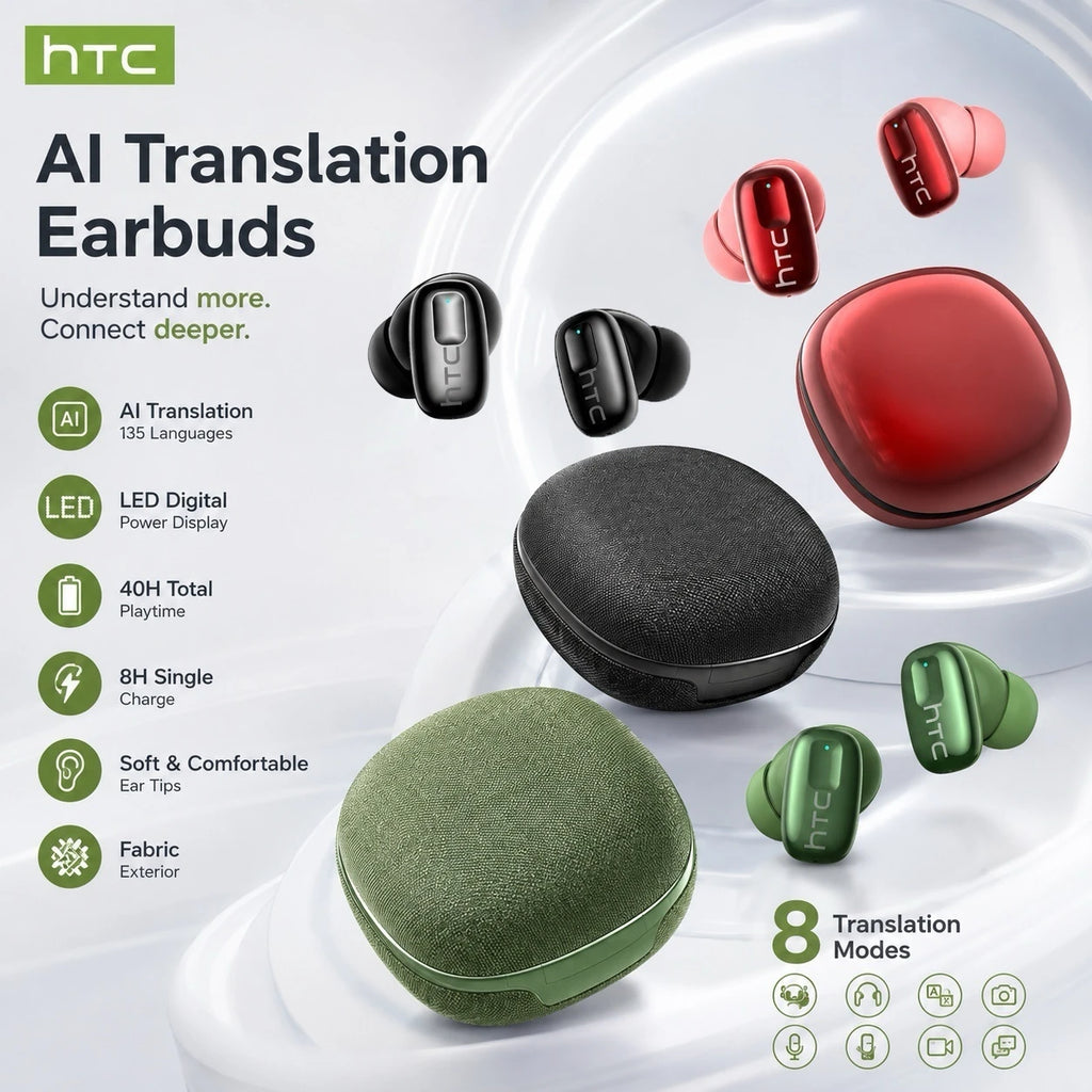 HTC NE75 Bluetooth Earphones Long Battery Soft Wireless Headphones AI translator Earbud 135 Language Low Latency Battery Display