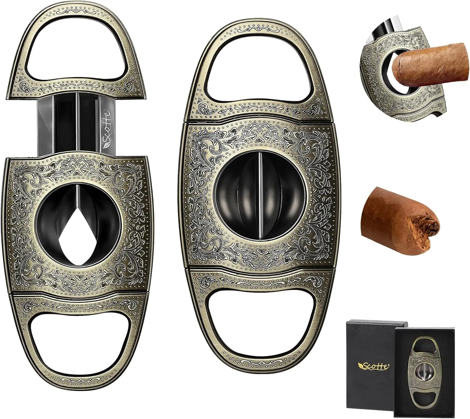 Cigar Cutter,Bronze Engraved V Cut Cigar Cutter Guillotine,Stainless Steel Blade Sharp Cigar Clippers,Cigar Accessories for Men
