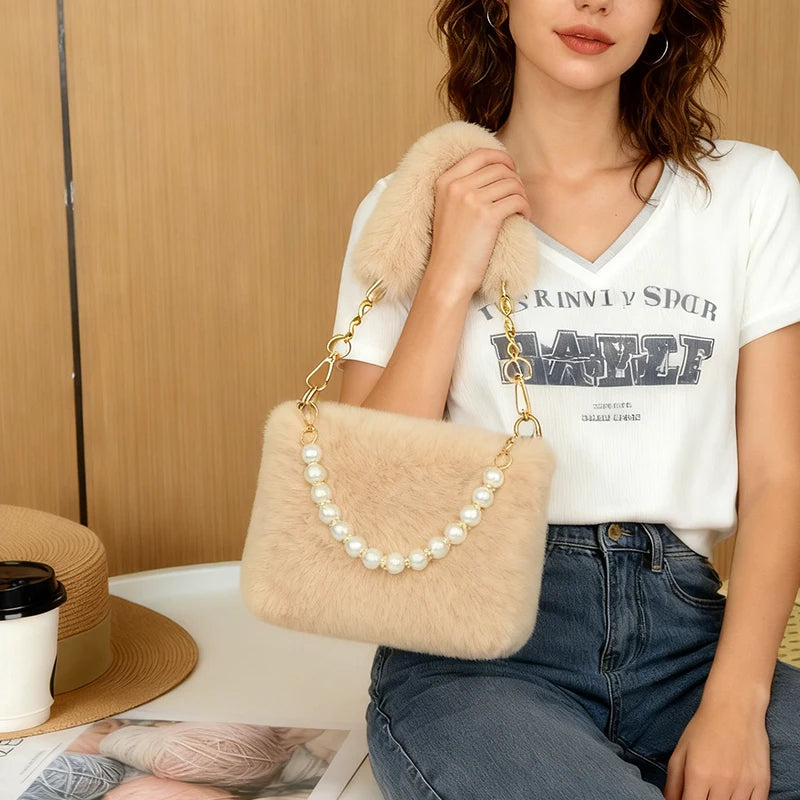 Fashionable Pearl Rabbit Fur Handbag Women's Crossbody Bag Chain Design Winter Small Versatile Shoulder Bag