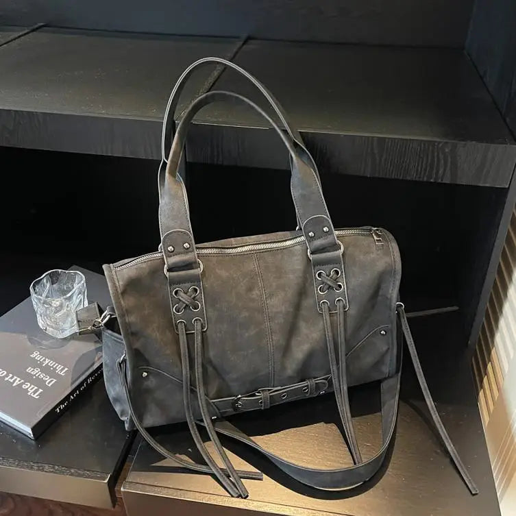 Women's Vintage Faux Leather Tote Bag, Large Capacity Crossbody Shoulder Purse with Lace-Up Detail, Casual Streetwear Use