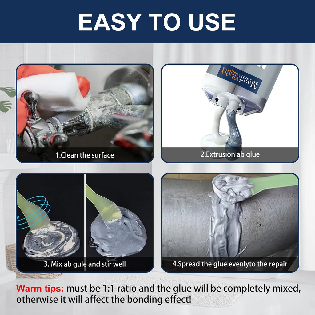 AB Casting Adhesive, Metal Crack Repair, Leak-Proof Sealing, Bonds Iron, Aluminum, Copper, Steel, Ceramics, and Plastics, High Temperature Resistance up to 150°C, High Strength.