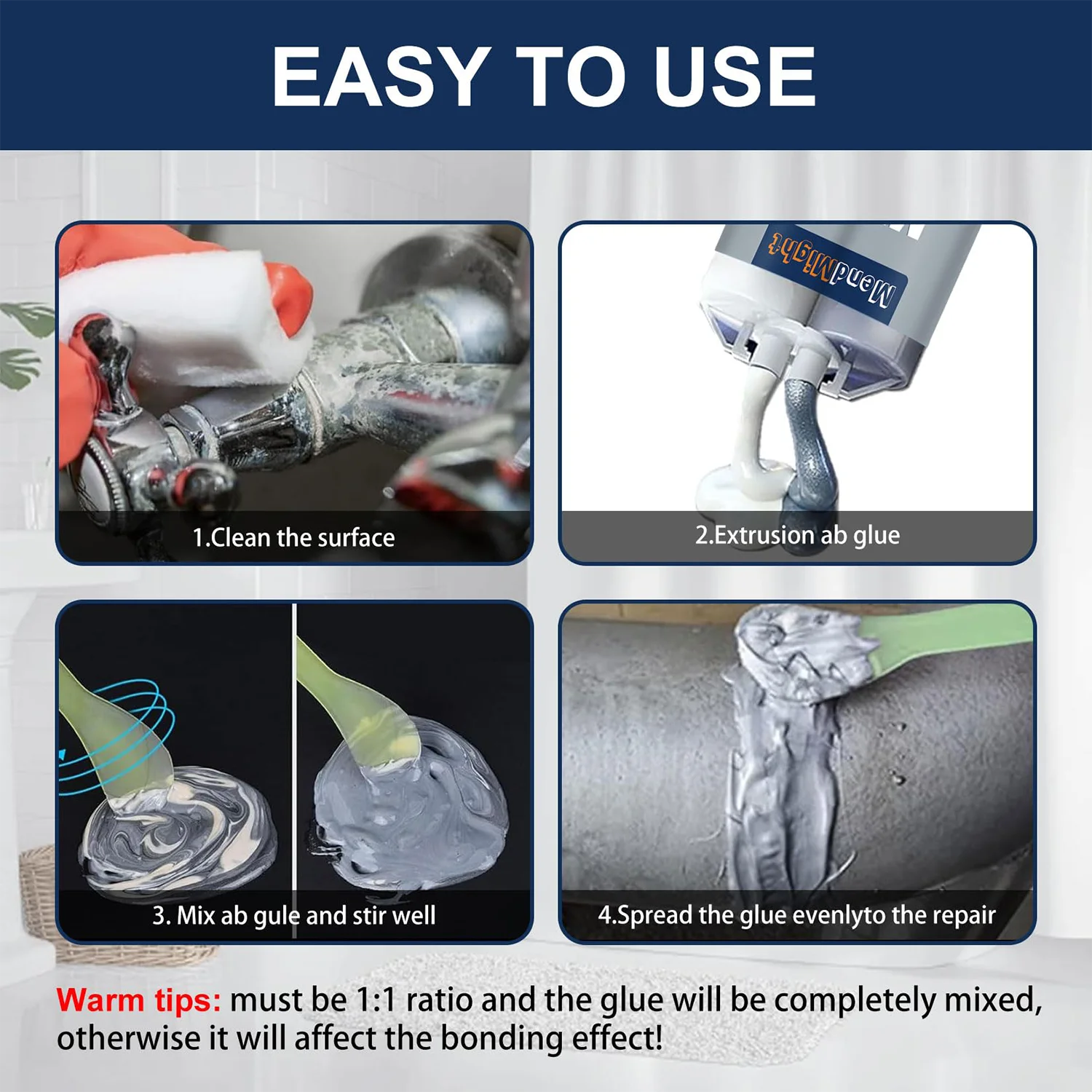 AB Casting Adhesive, Metal Crack Repair, Leak-Proof Sealing, Bonds Iron, Aluminum, Copper, Steel, Ceramics, and Plastics, High Temperature Resistance up to 150°C, High Strength.