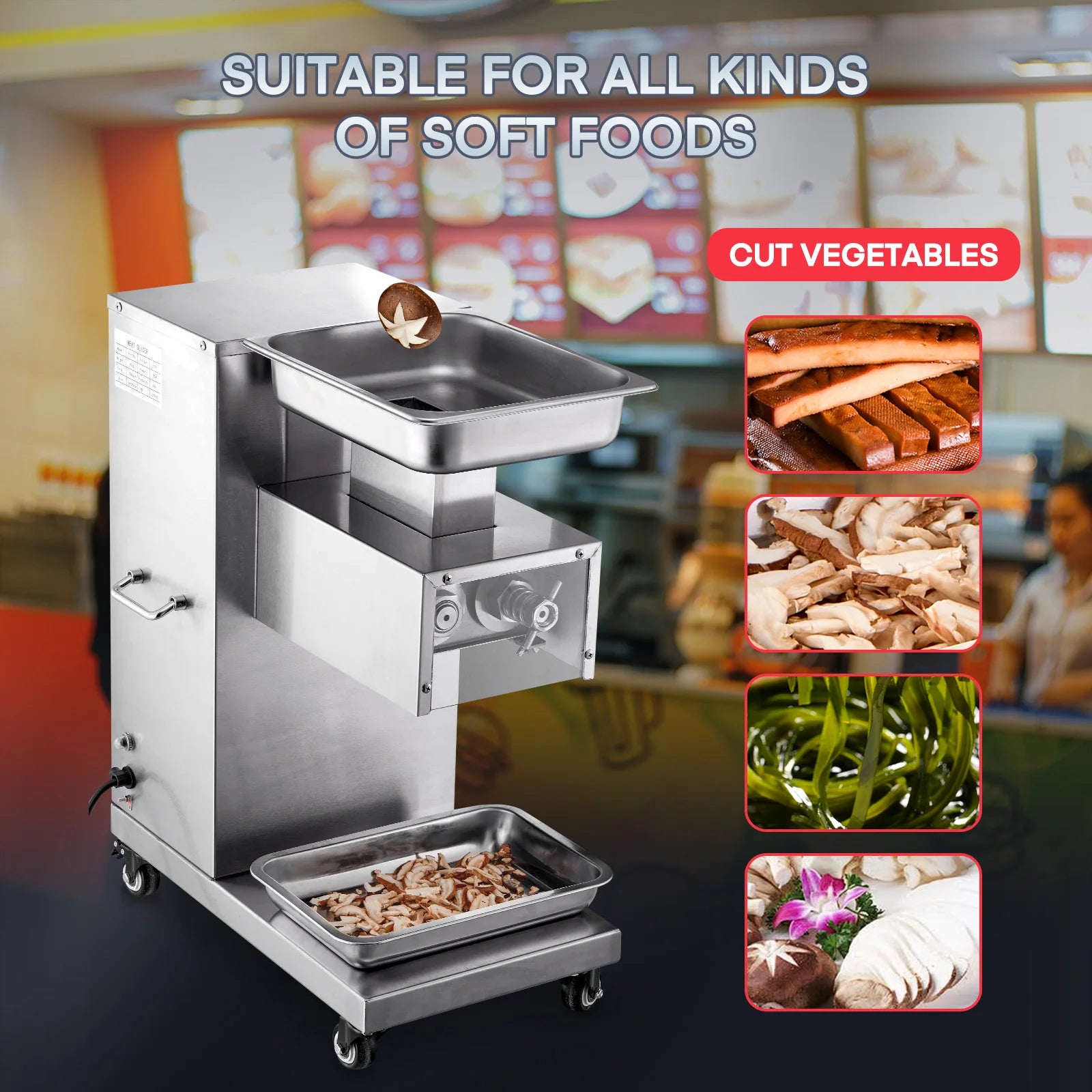 Commercial Meat Cutter Machine, 551Lbs/H Electric Meat Slicer with 3mm Stainless Steel Blades, Removable Dual Blades, Cubes & Strips & Slices, Heavy Duty for Beef Chicken Lamb Pork, 110V – Stainless Steel
