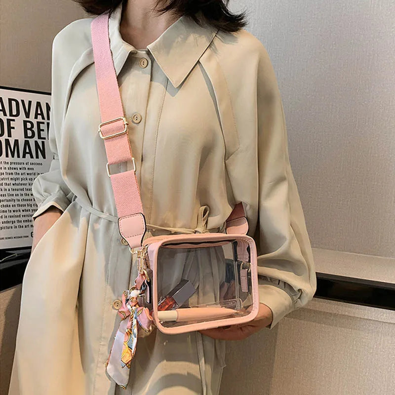 Clear Transparent Jelly Crossbody Bag Storage Bag With Scarf PVC Shoulder Bag Square Purse Jelly Bag Transparent Handbag Outdoor