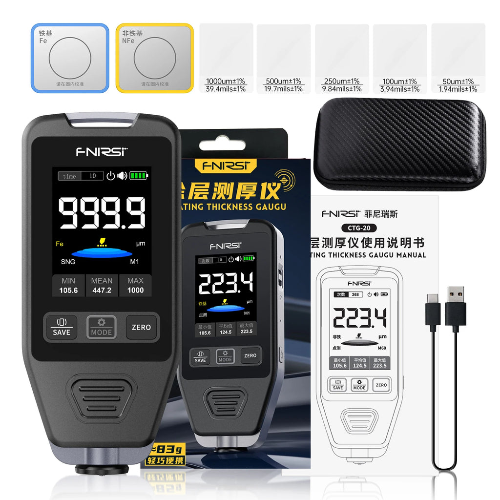 FNIRSI CTG-20 Car Paint Thickness Gauge Electroplate Metal & Putty Powder Coating Thickness Gauge for Car 0-1400um Fe nFe Fe+Zn