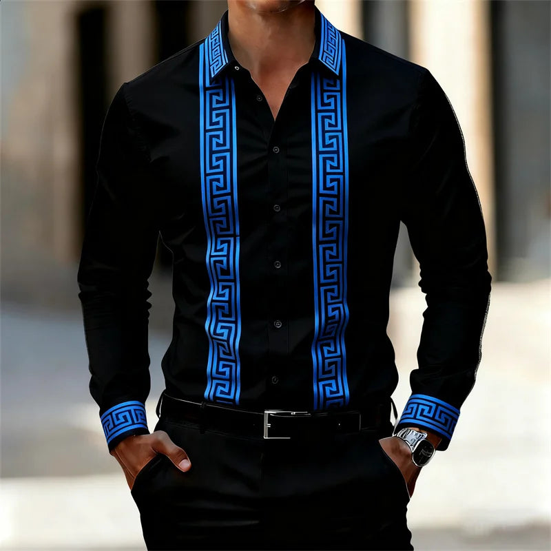 Men's Retro Geometric Print Shirt, Stylish Long-Sleeve Black Shirt, Business Casual Men's Top