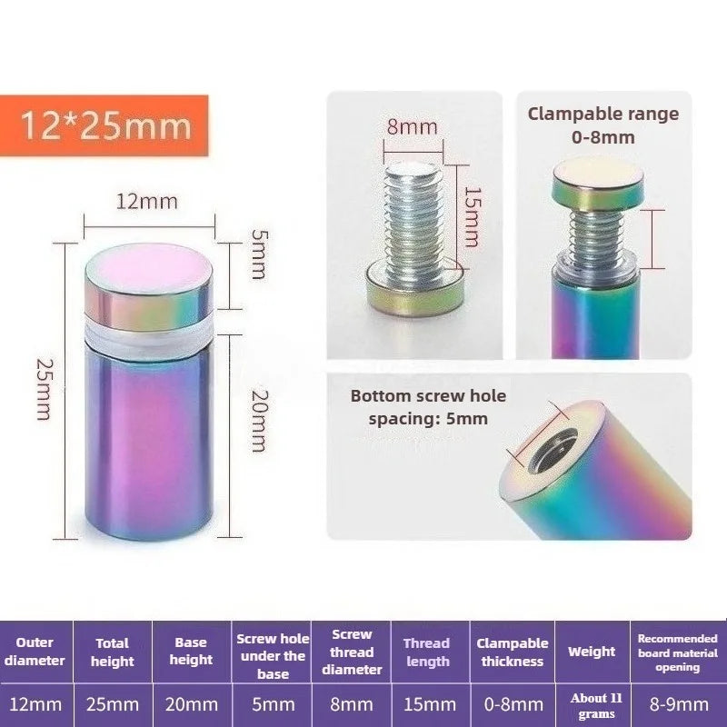 4Pcs Rainbow acrylic Picture Frame Glass Sign Standoff Nail Wall Mount Standoff Holder Stainless Steel Advertise Fixing Screw