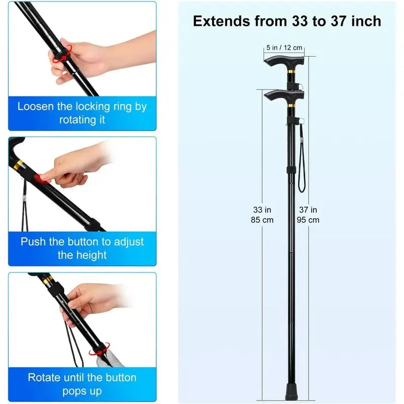 Portable Folding Walking Cane 5 Level Height Adjustable Walking Stick with Wrist Strap Lightweight Travel Mobility Aid