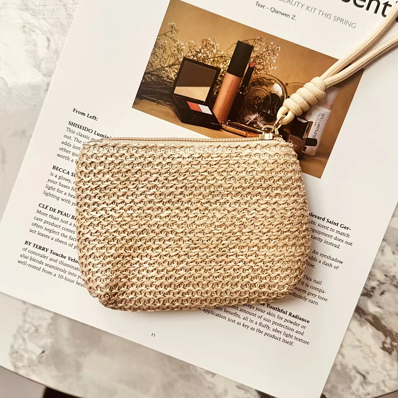 Summer Straw Key Coin Storage Purse,mini Zippered Card Holder,portable Wrist Bag Wallet Clutch Pouch,Beach Vacation Straw Bag