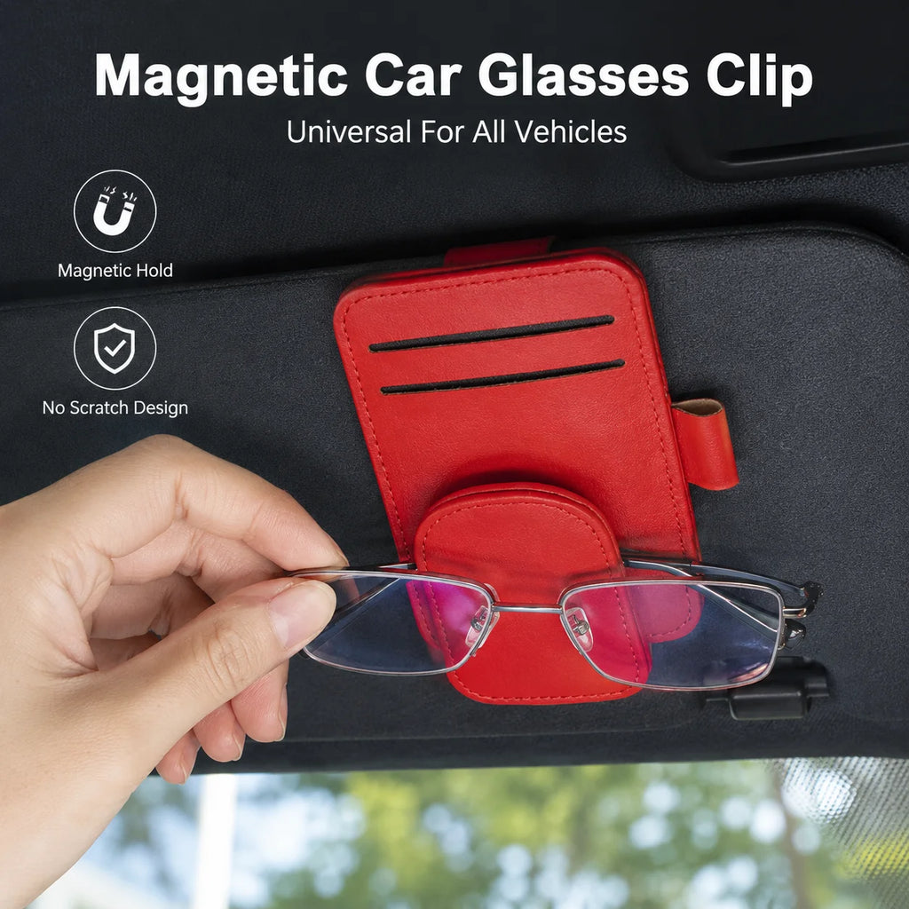 Car Sun Visor Sunglasses Holder Magnetic PU Leather Eyeglass Clip Universal Auto Card Storage Glasses Organizer for Vehicle