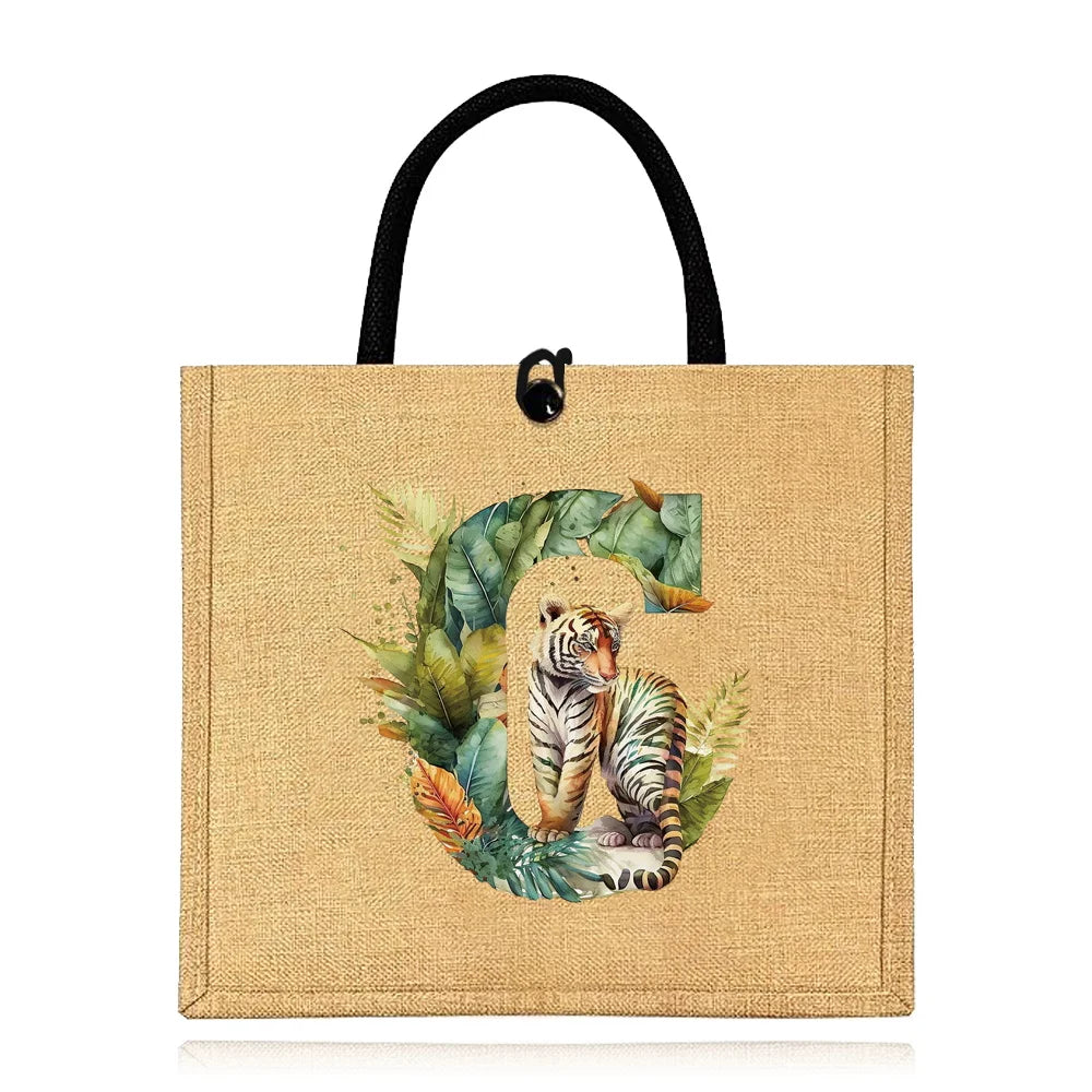 Flax Bag Fastener Handbag Organizer Storage Jute Tote Bags Imitation Cotton Women Valise Portable Jungle Tiger Printing Series
