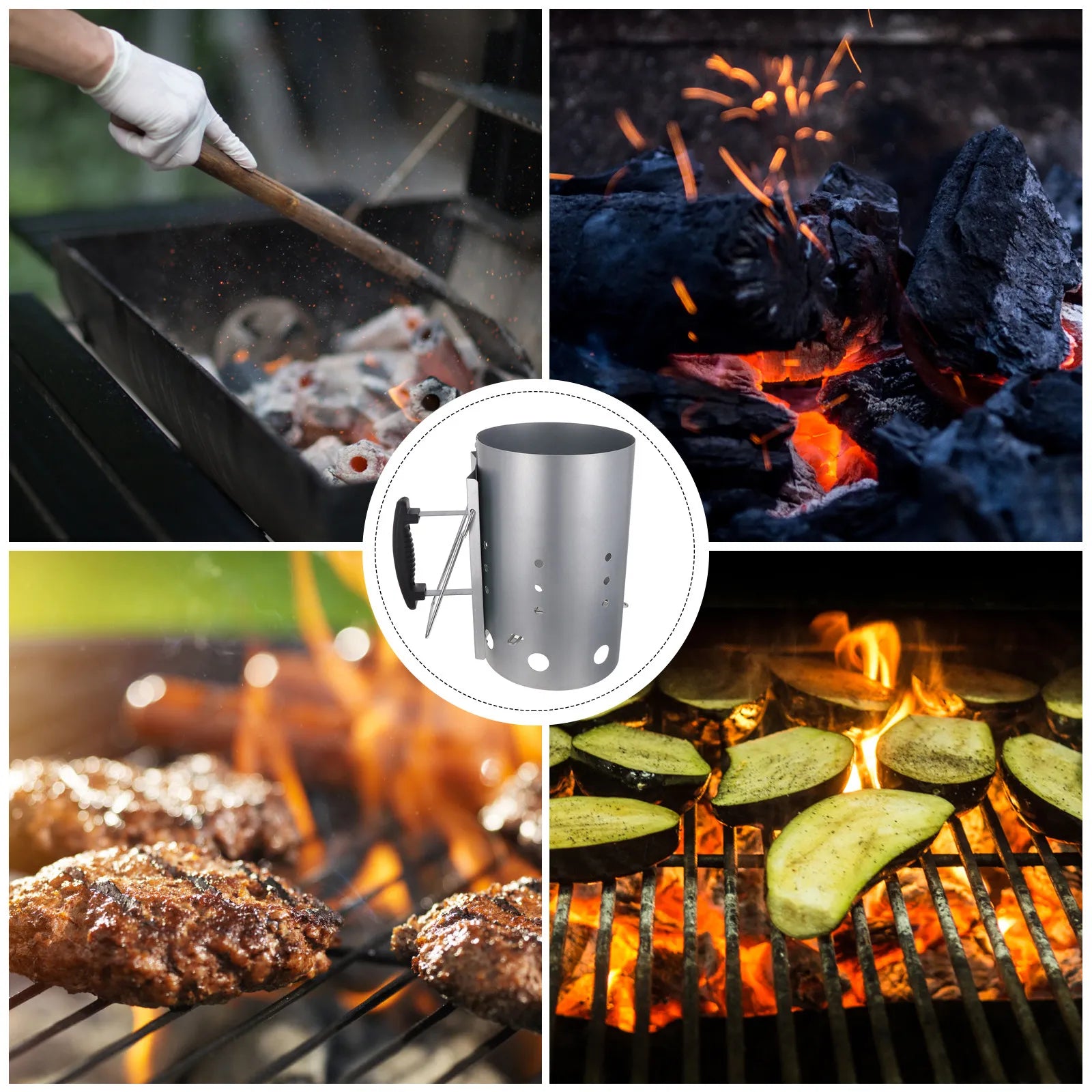 Starter Chimney Barrel with Nylon Heat-Insulated Handle for Outdoor Barbecue Grilling Fast Charcoal Ignition