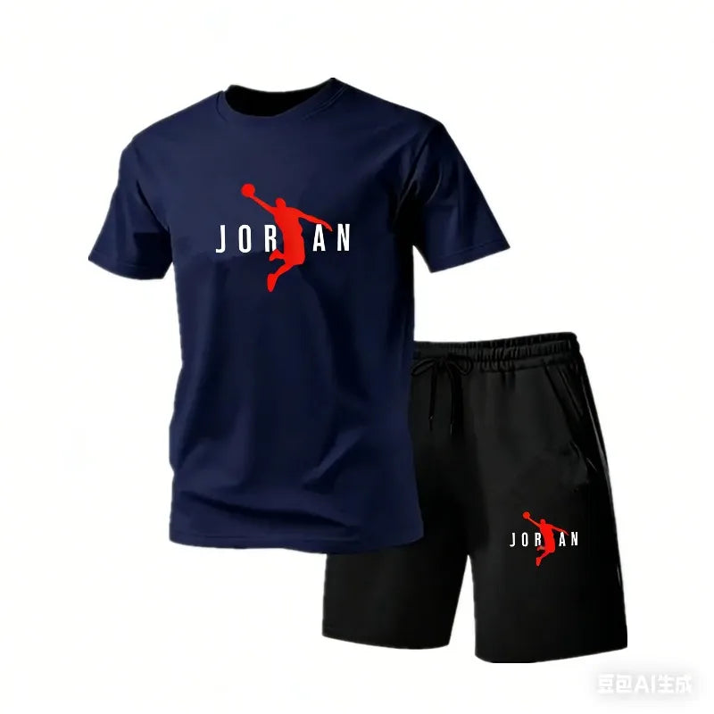 2026 New Jordan Style Men's 2 Piece Set Summer Black Short Sleeve T Shirt Shorts Casual Sports Tracksuits Plus Size S-4XL