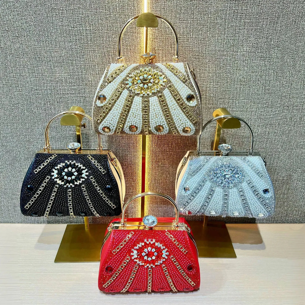 New Evening Bags Rhinestones Beading Party Cocktail Prom Clutch Bags Pearl Diamonds Glitter Elegant Small Bucket Box Handbag