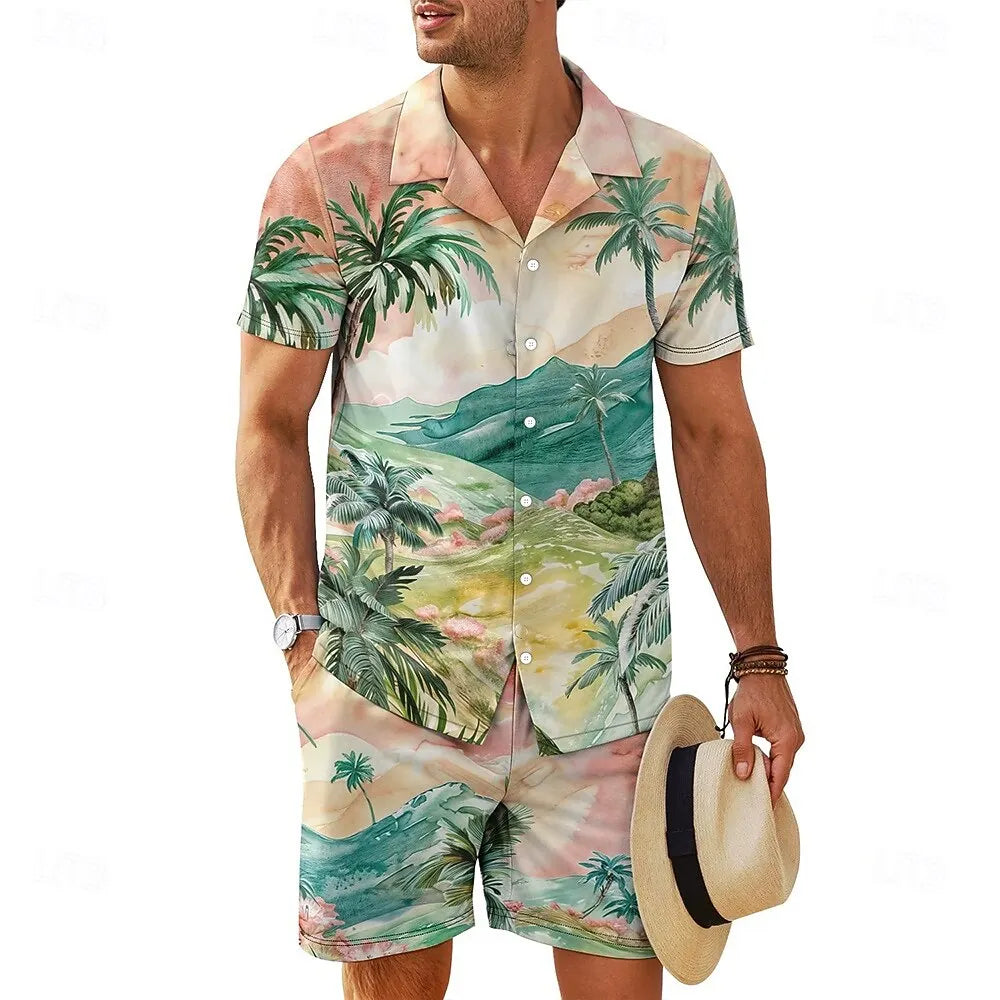 Men's Summer Shirts Set Fashion Plant 3D Print Short Sleeve Top +Shorts 2 Piece Hawaiian Beach Vacation Suit Casual Loose Outfit