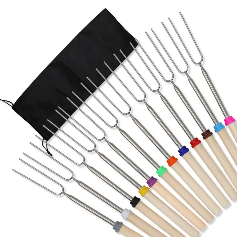 D2 8Pcs Barbecue Skewers Camping Supplies Extendable Roasting Sticks Grill Stainless Steel BBQ Grill Telescoping Smores Skewers