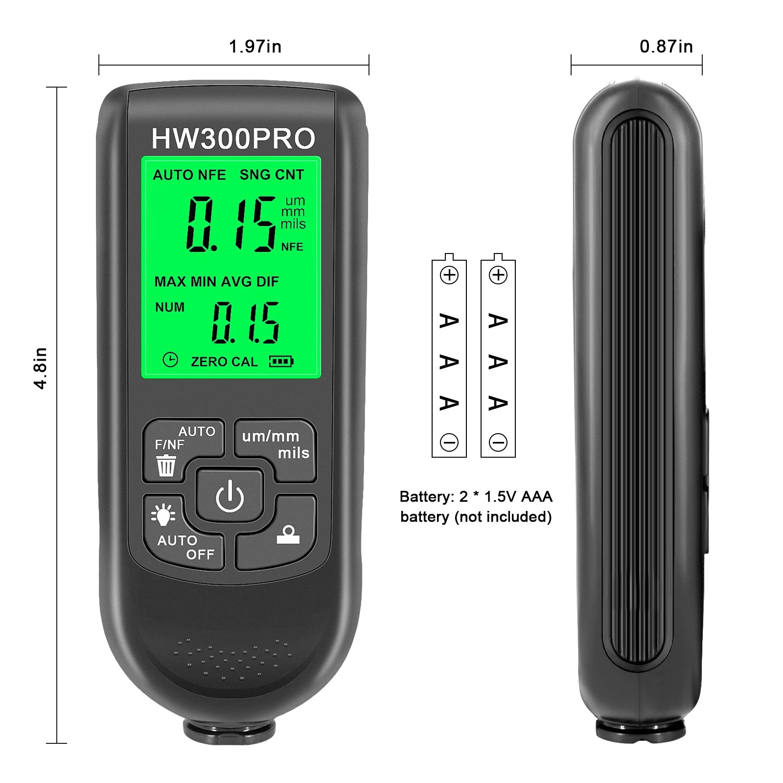 High Precision LCD Digital Thickness Meter 0-2000μm - Car Paint Coating Film Tester w/ 3 Probe Modes, 3 Units & Zero Reset