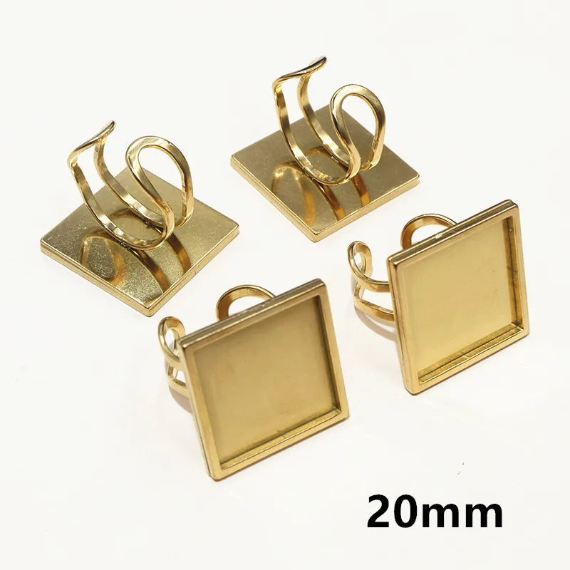 5pcs Stainless Steel Square Rectangle Thick Adjustable Ring Blank Base Settings ,Fit 12/20/25mm Cabochons DIY Rings Bezel Tray