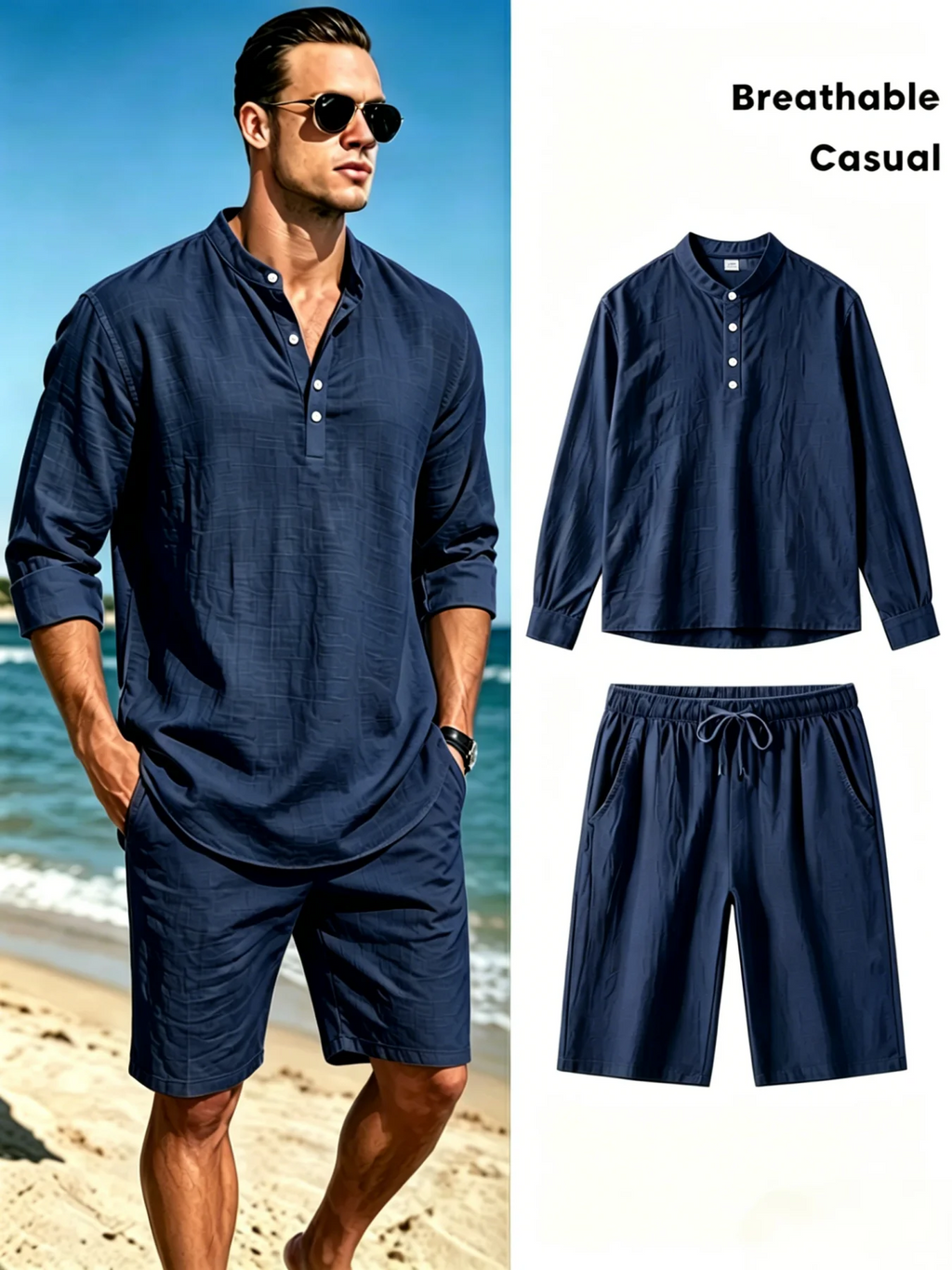 Men's Cotton Linen Henley Shirt and Shorts Set Breathable Casual Two Piece Outfit with Drawstring Shorts for Summer Beach