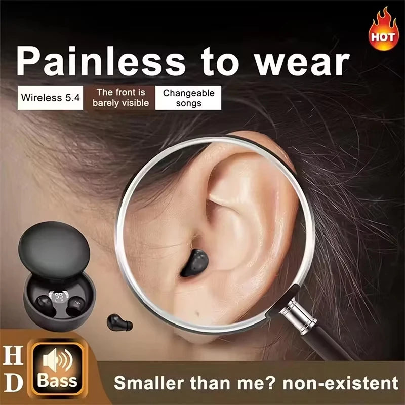 SK26-Mini Invisible Headphones Wireless Bluetooth 5.4 Headphones Bass Sleeping Headphones with Microphone Noise Cancellation HD
