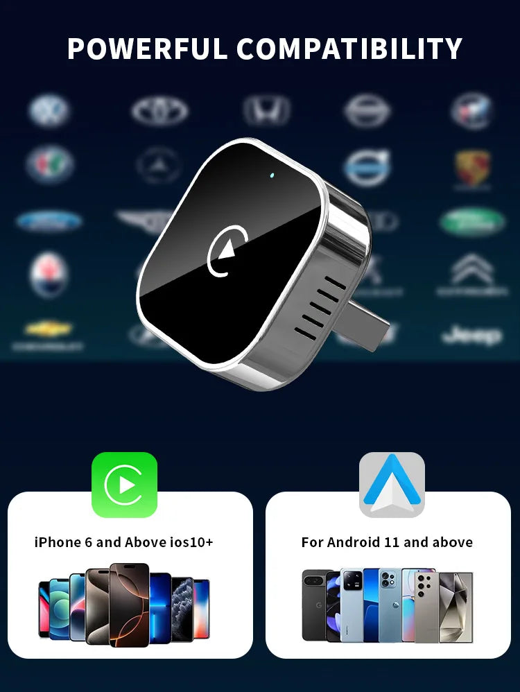 Wireless CarPlay Adapter Android Auto AI Box 2 in 1 Plug and Play for Car Convert Wired to Wireless Low Latency Compact
