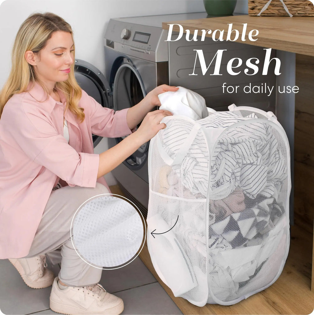 Pop Up Mesh Laundry Basket Foldable Dirty Clothes Hamper Breathable Washing Bin with Side Pocket for Bathroom College Dorm Room