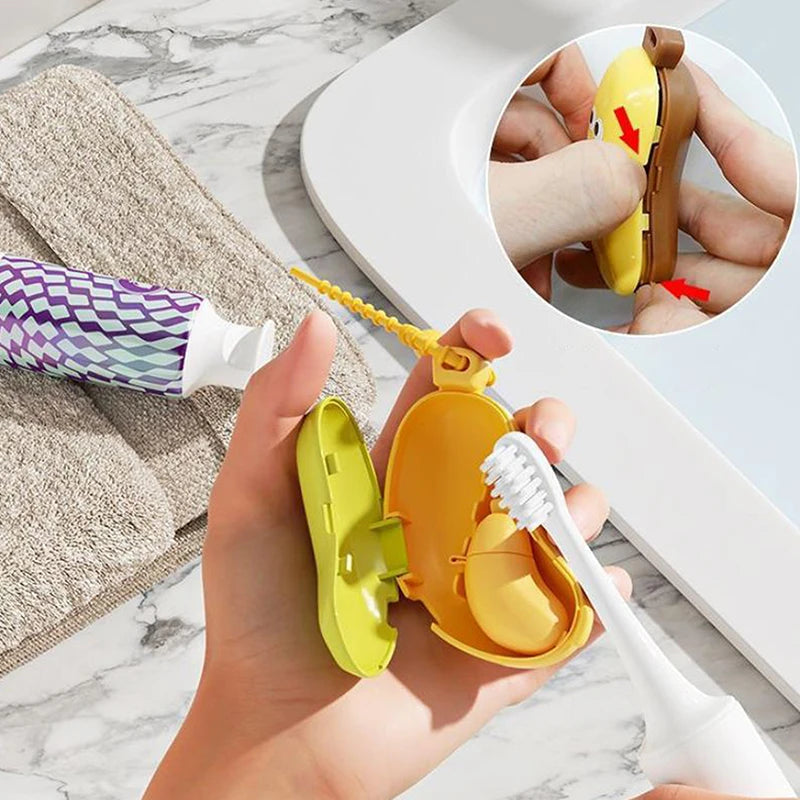 Travel Protector Case Portable Toothpaste Capsule Holder Dustproof Hiking Camping Organizer 2-in-1 Banana Toothbrush Head Cover