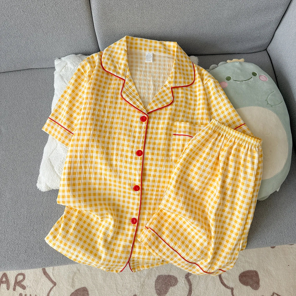 Women's Summer Pajamas, Thin Plaid Pattern Short-Sleeved Shorts, Sweet and Cute, Can Be Worn Outside in Summer, Two-Piece Home Wear Set