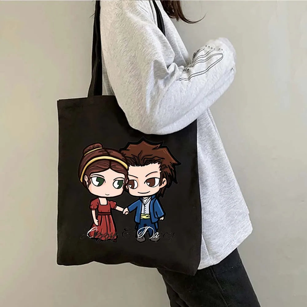 More Pride Less Prejudice Jane Austen Pride Prejudice Elizabeth Darcy Book Bennet Cartoon Shopper Canvas Tote Bag Cotton Handbag
