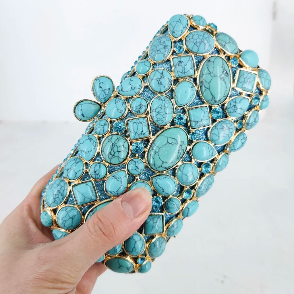 Boutique De FGG Turquoise Synthetic Agate Stone Evening Bags and Clutches for Women Formal Party Bags Party Rhinestone Handbags