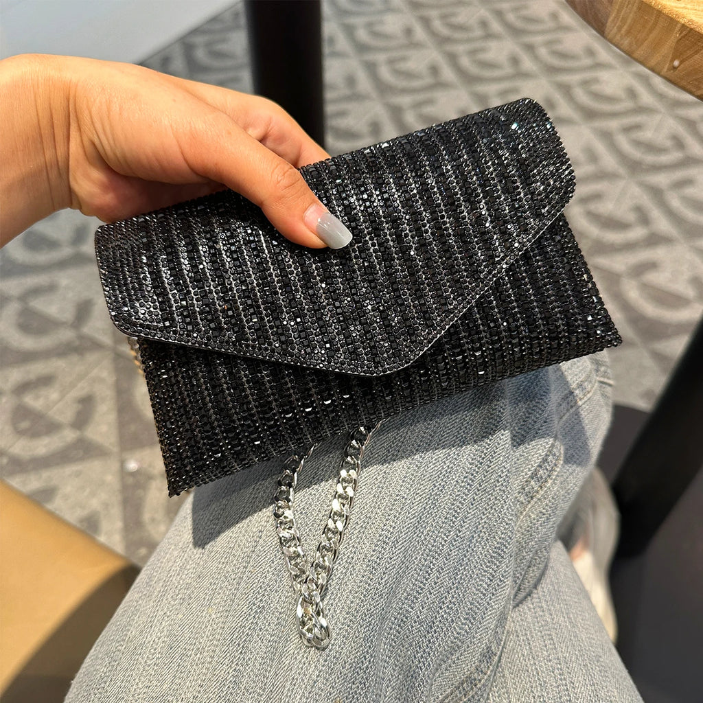 JIOMAY Rhinestones Bag for Women 2024 Mini Purses and Handbags Clutch Wallets Ladies PU Leather Chain Party Evening Shoulder Bag
