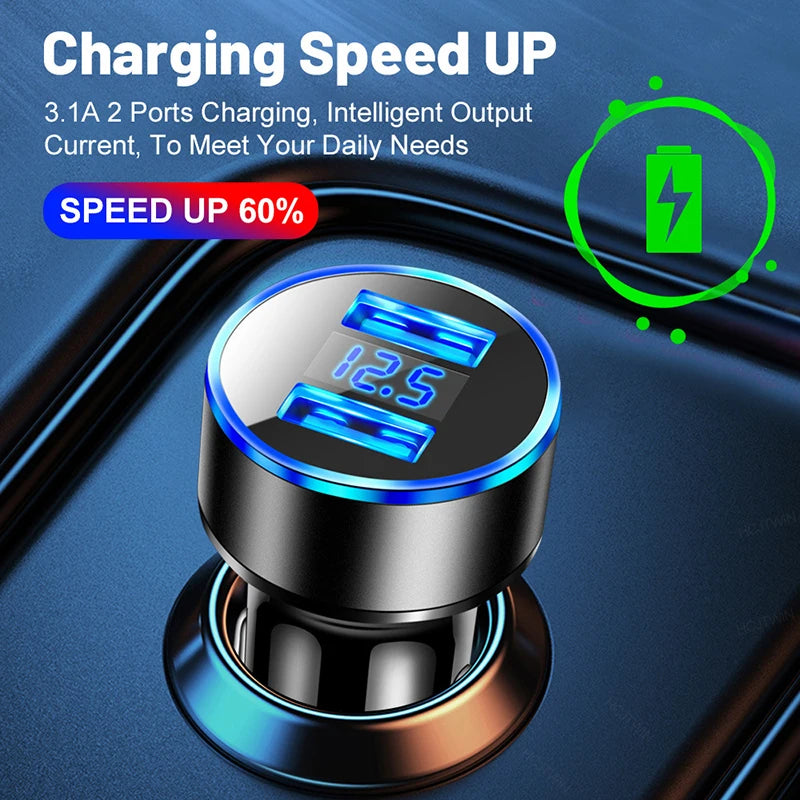 Dual USB Car Charger LED Display 3.1A Output ABS Adapter Low Temperature Protection For Tablet Smartphone For iPhone 17 16 Pro