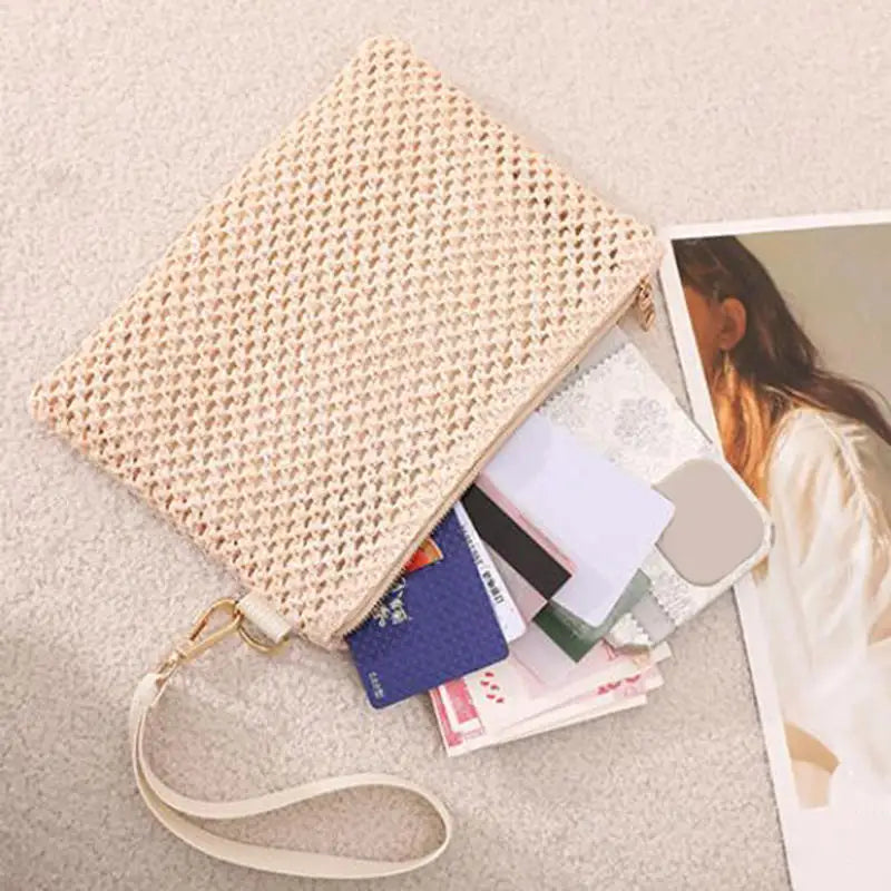 Women Clutch Bag Handmade Backpack Fashion Ladies Wristlet Girl Phone Colorful Straw Woven Coin Purse Beach Wallet Fresh Sweet