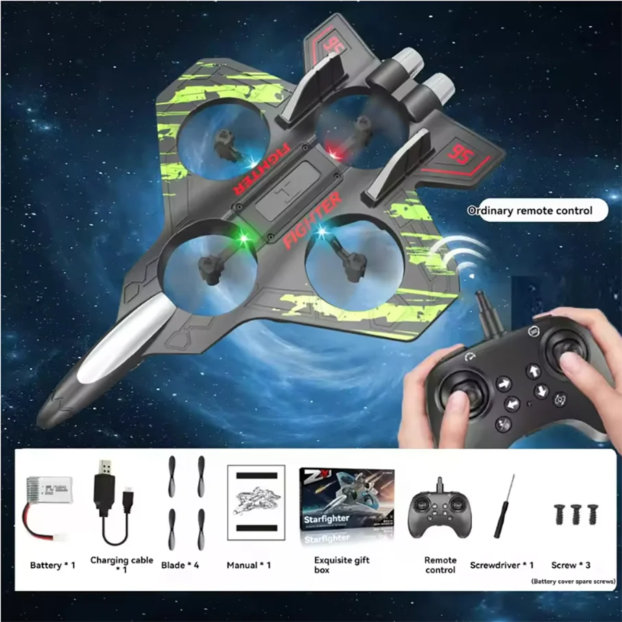 2.4G Remote-Controlled Foam Fighter Plane with Stunt Flips, Hover Capabilities, and Colored Lights.