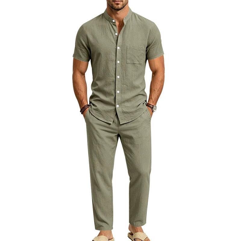 Men's Linen Popular Breathable Simple Two-Piece Set, Stand Collar Short-Sleeve Shirt with Straight-Leg Casual Pants