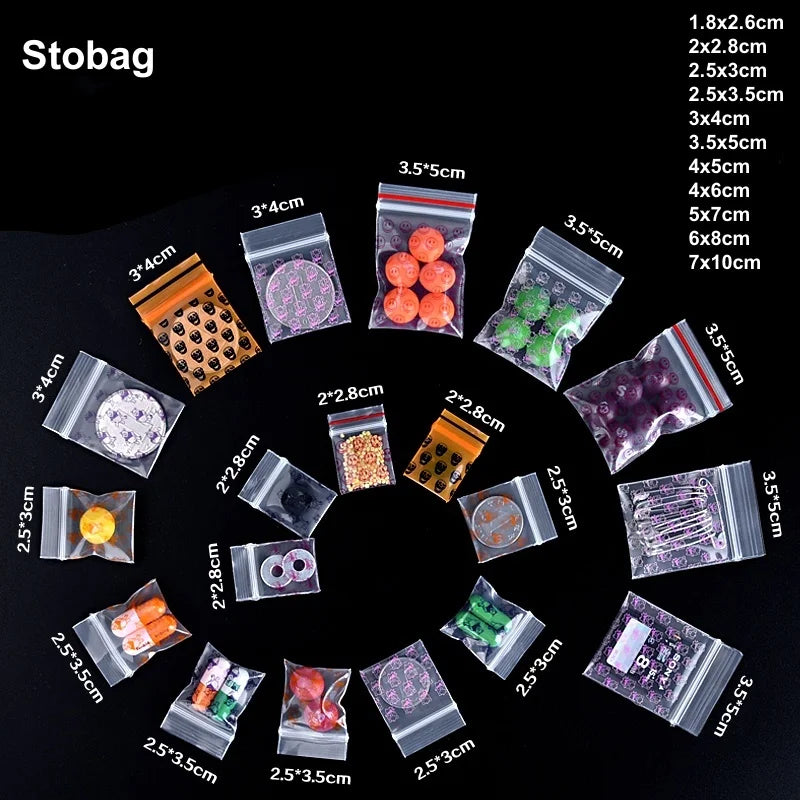 StoBag 100pcs Cartoon Transparent Mini Zipper Plastic Bags Small Sealing Jewelry Packaging Pouch Storage Waterproof Reusable